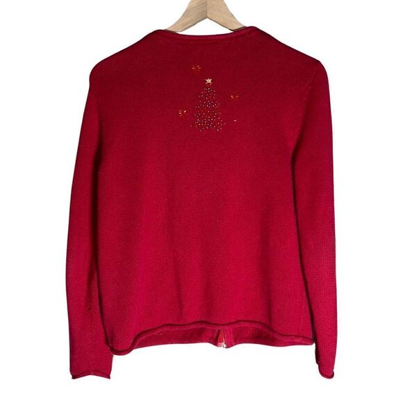 Vintage Croft & Barrow Red Cardigan Sweater with Beaded Christmas Trees - Size S - Picture 2 of 10
